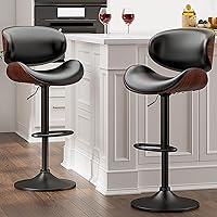 Vista 42 de Juego de 2 taburetes de bar giratorios, modernos taburetes ajustables de piel sintética, taburete de bar con respaldo y reposapiés para isla