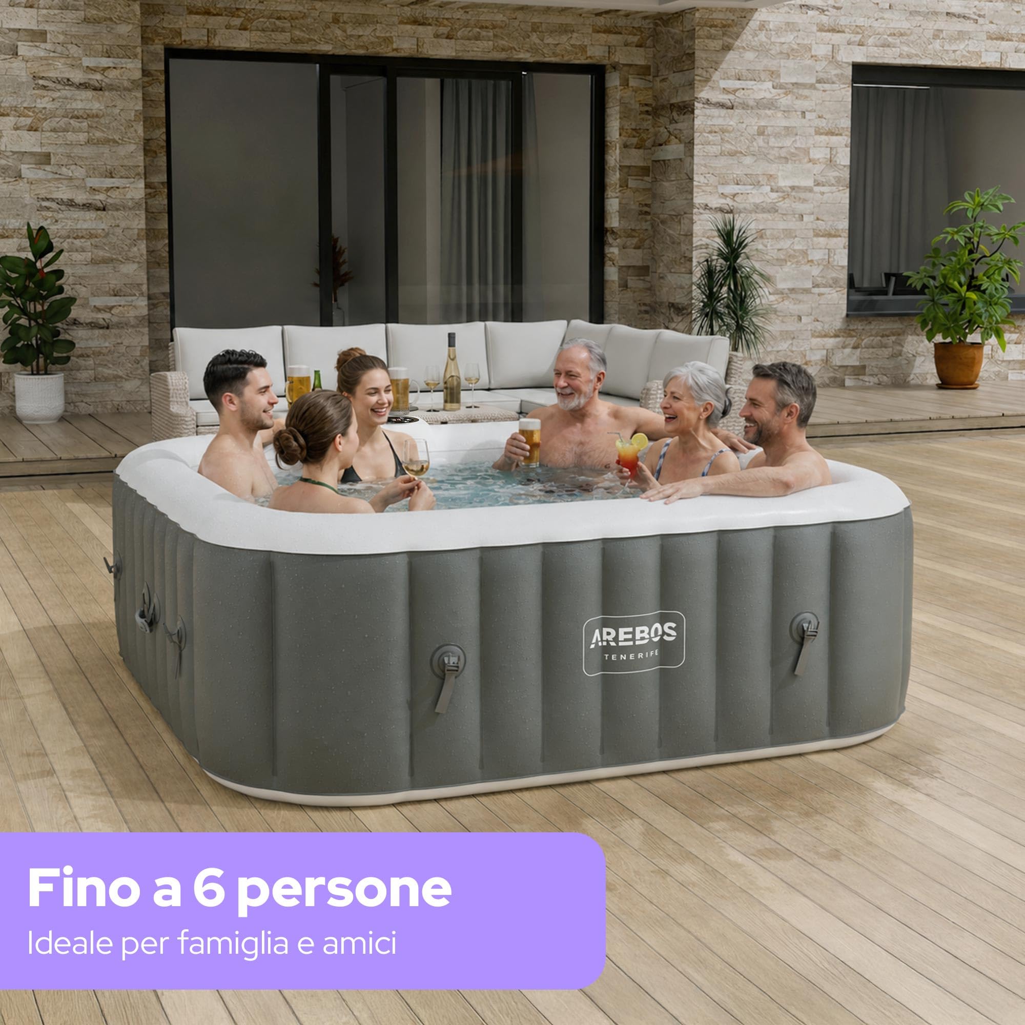 Arebos Vasca idromassaggio gonfiabile | 185x185cm | Gonfiabile automatico | 6 persone | striscia luminosa LED | 130 getti massaggianti | 910 litri | incl. copertura | Bubble Spa & Wellness Massaggio