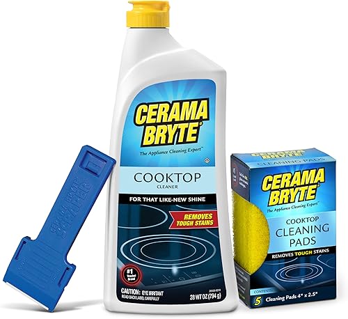 Kit en combo de limpiador de vitrocerámica (28 onzas), raspador y 5 almohadillas de limpieza, de Cerama Bryte, Transparente, Preguntas - por email