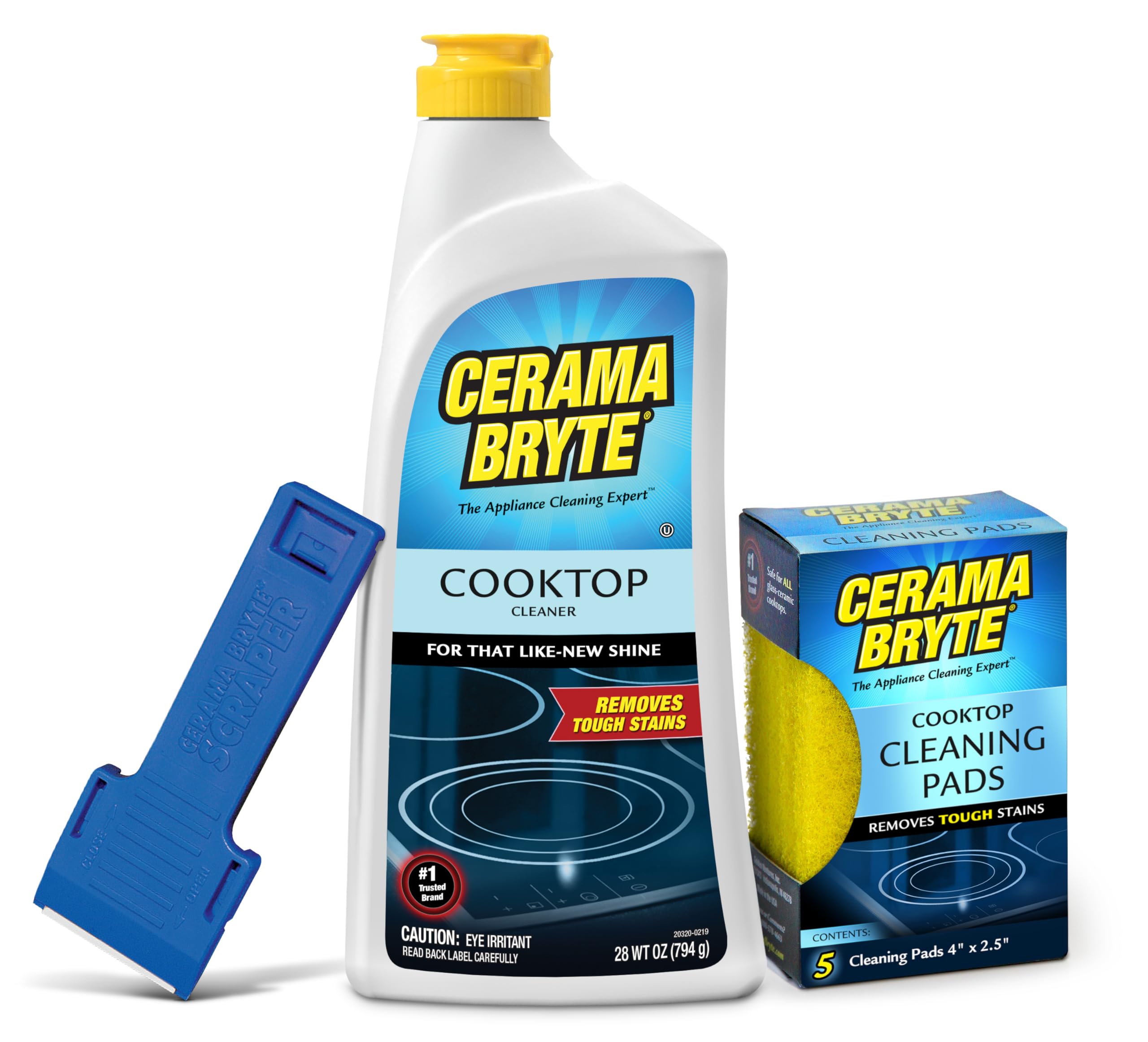 Cerama Bryte Ceramic Cooktop Cleaner (28 oz), Scraper and 5 Cleaning Pads Combo Kit