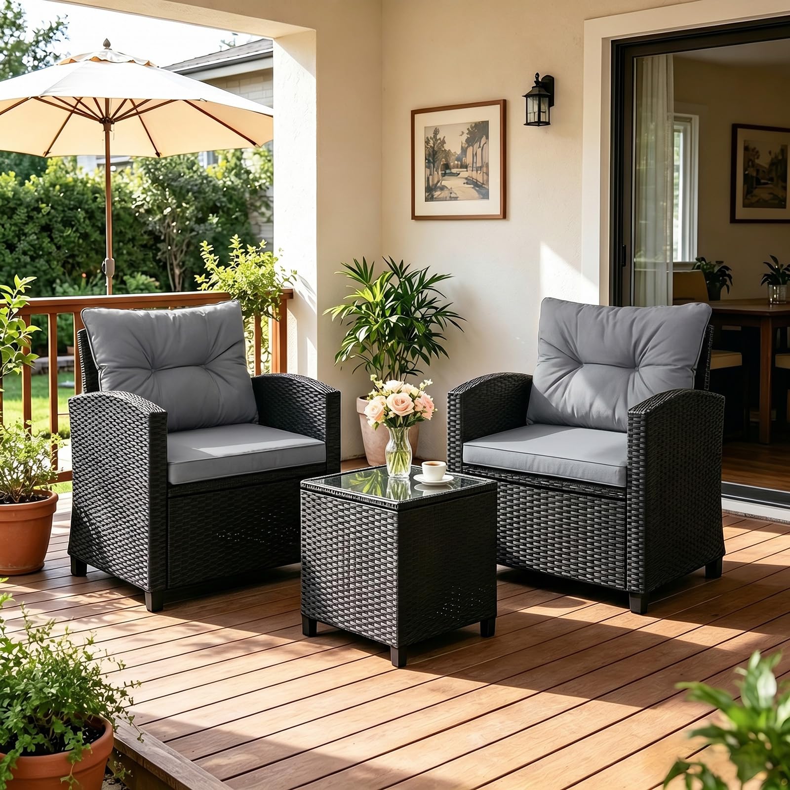 COSTWAY 3-TLG. Rattan Gartenmöbel Set, Balkonmöbel mit Kissen, 2 Stühlen und Tisch, Polyrattan Balkonset, Terrassenmöbel, Gartengarnitur, Sitzgruppe für Terrasse, Balkon, Garten (Grau)
