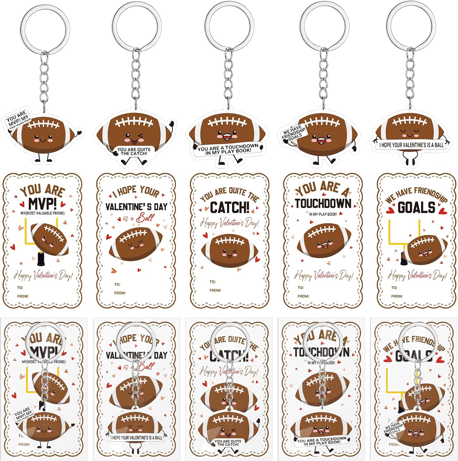 30 Sets Valentine's Day Football Gifts Acrylic Football Keychains with Inspriational Cards Bags Football Themed Classroom Exchange Gifts Bulk Class Valentine Keychains for Sports Party Favors