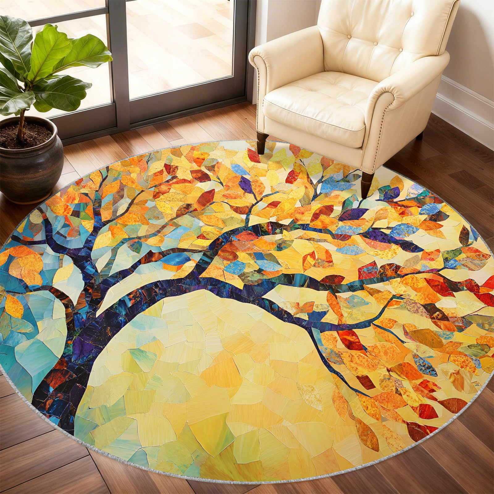 Tapis rond arbre de vie pour salle à manger, grand tapis circulaire de cuisine style mosaïque