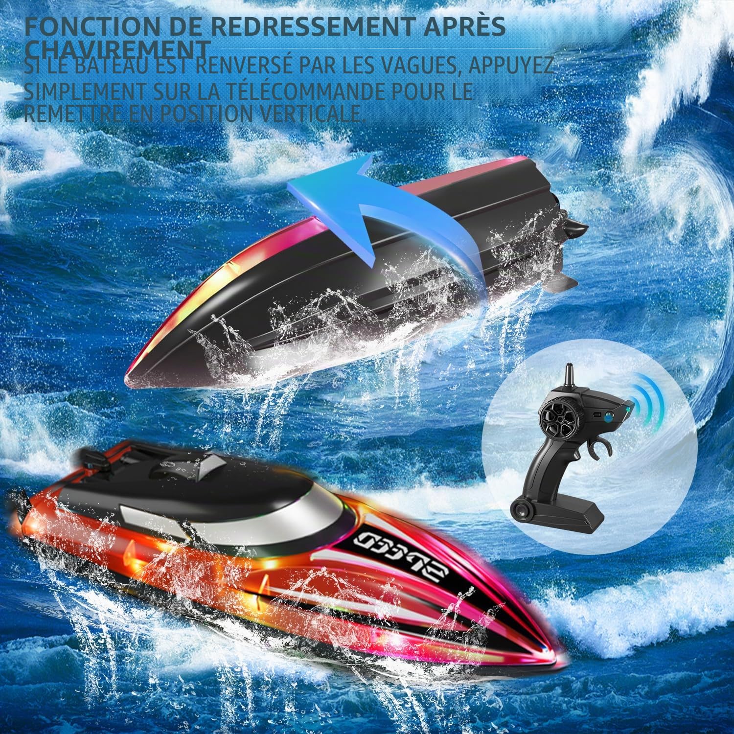 RoserRose Bateau télécommandé, bateau radiocommandé, avec éclairage LED, télécommande 2,4 G, double moteur, étanche et protection anti-basculement, bateau à moteur télécommandé pour enfants, avec 2
