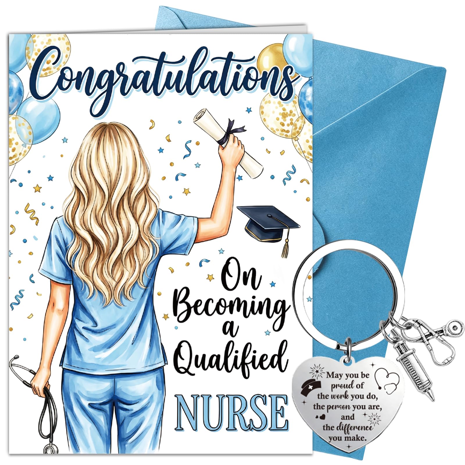 Nurse Graduation Card, Blue Nurse Greeting Cards and Keyring, Congratulations On Becoming a Qualified Nurse Gifts for Female Her
