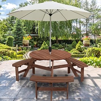 6 Person Wood Picnic Table, Outdoor Round Picnic Table with 3 Built-in Benches, Umbrella Hole, Outside Table and Bench Set for Garden, Backyard, Porch, Patio Dark Brown