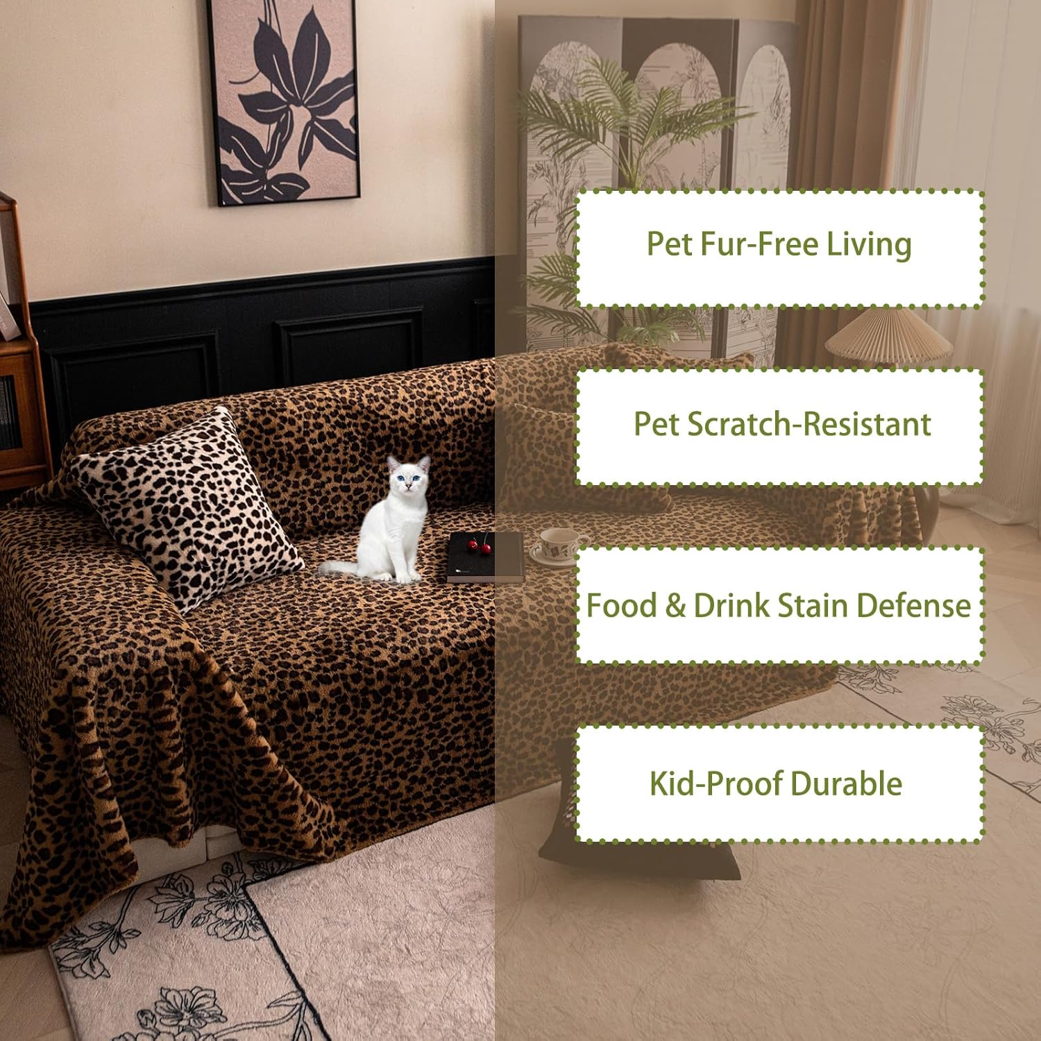 Plush Leopard Print Sofa Cover Couch Cover, Warm and Soft Faux Fur Couch Protector for Fall Winter, Washable Fuzzy Couch Slipcover, Pet-Friendly, Fits 3/4-Seater (71″x165″)