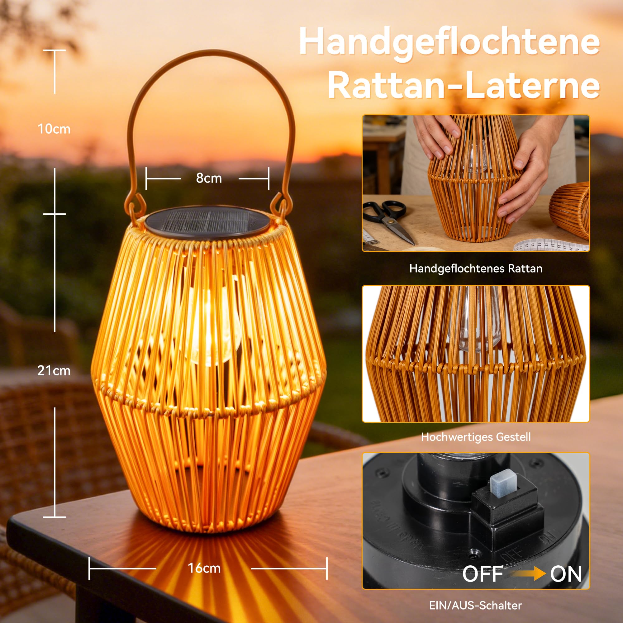 Ollny Solar Laternen für Außen 2 Stück Rattan Boho Hängend Stehend IP44 Wasserdicht Warmweiß