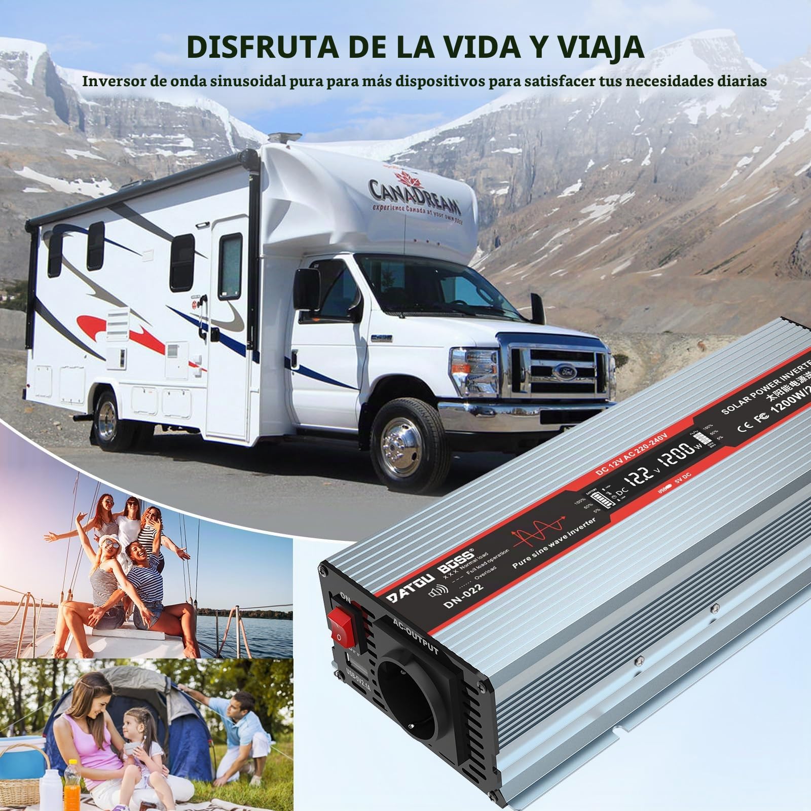 DATOUBOSS Inversor 12V 220V/230V Onda Sinusoidal Pura 1800W Convertidor De Voltaje Pico De Potencia 3600W con Tomas EU, Puerto USB Y Pantalla LCD para Electrodomésticos Caravana Camión Camping, Gris