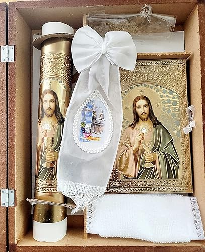 Miniatura 3 de Vela para Primera Comunion de Nino con Caja de Madera del Sagrado Corazon de Jesus con 12 Servilletas