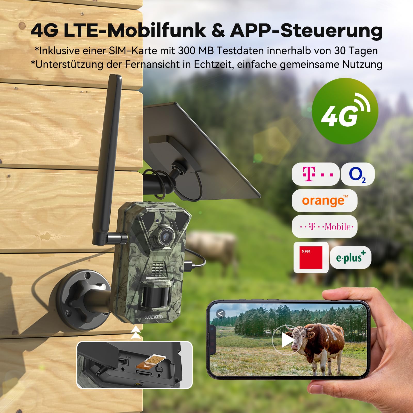 DEATTI 4G LTE Wildkamera mit Handyübertragung APP, 2.7K Solar Wildkamera mit SIM Karte, PIR Bewegungsmelder, Nachtsicht, 120° Weitwinkel Wildtierkamera, IP66, 7800mAh Akku (ohne SD Karte)