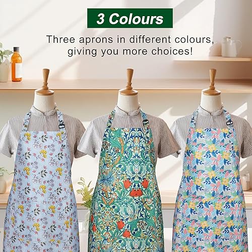 Miniatura 7 de Paquete de 3 delantales florales impermeables para mujer, correa ajustable con bolsillo, multiusos para cocina, arte, jardín