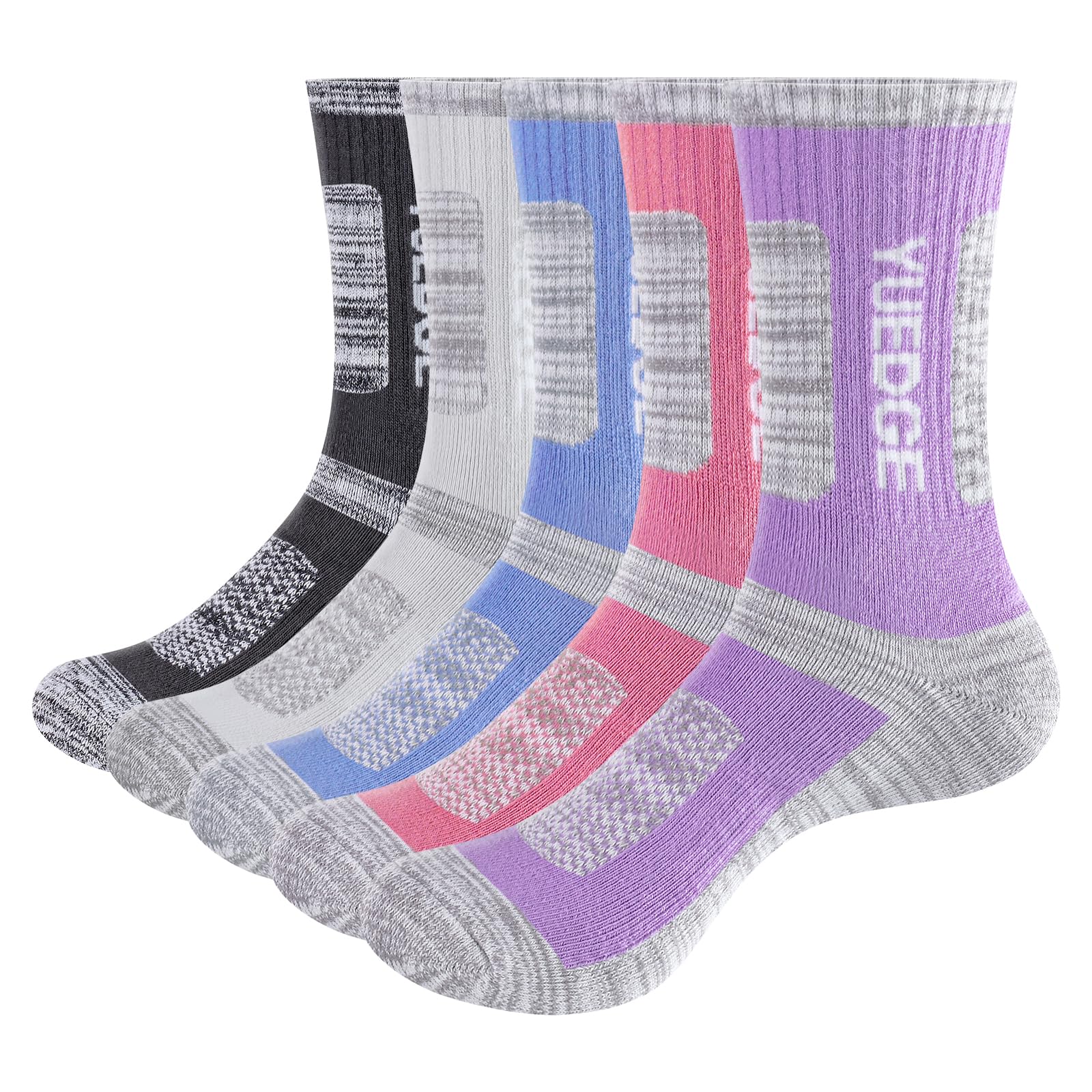 YUEDGE Women's Wicking Breathable Cushion Anti Blister Casual Crew Socks Walking Athletic Sports Socks for Women 4-7, 5 Pairs