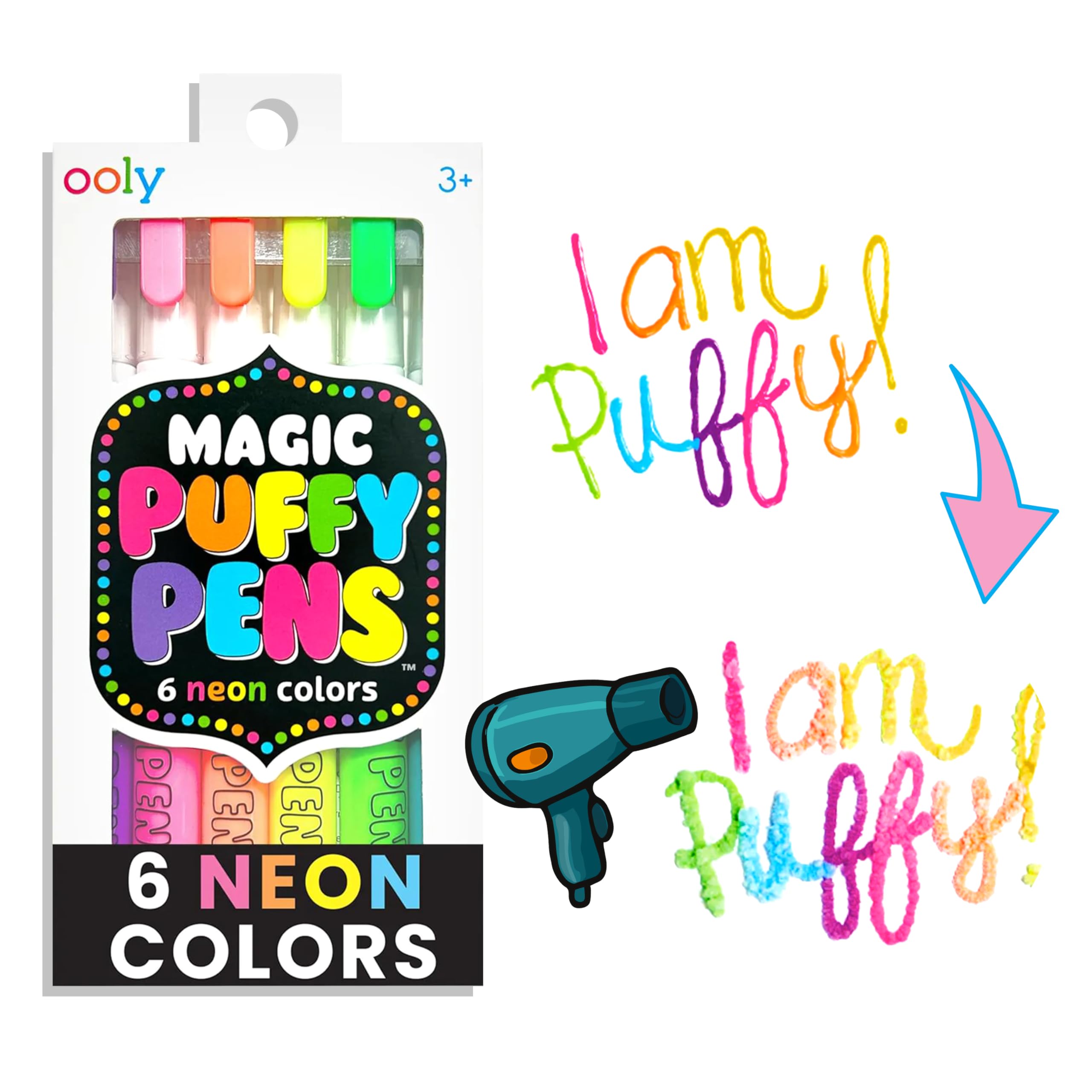 Ooly Puffy Paint Neon Gel Pens Set of 6, 3D Foam Texture Painting Magic Puffy Pen, Creative and Fun Pens for Kids Arts and Crafts Drawing Supplies