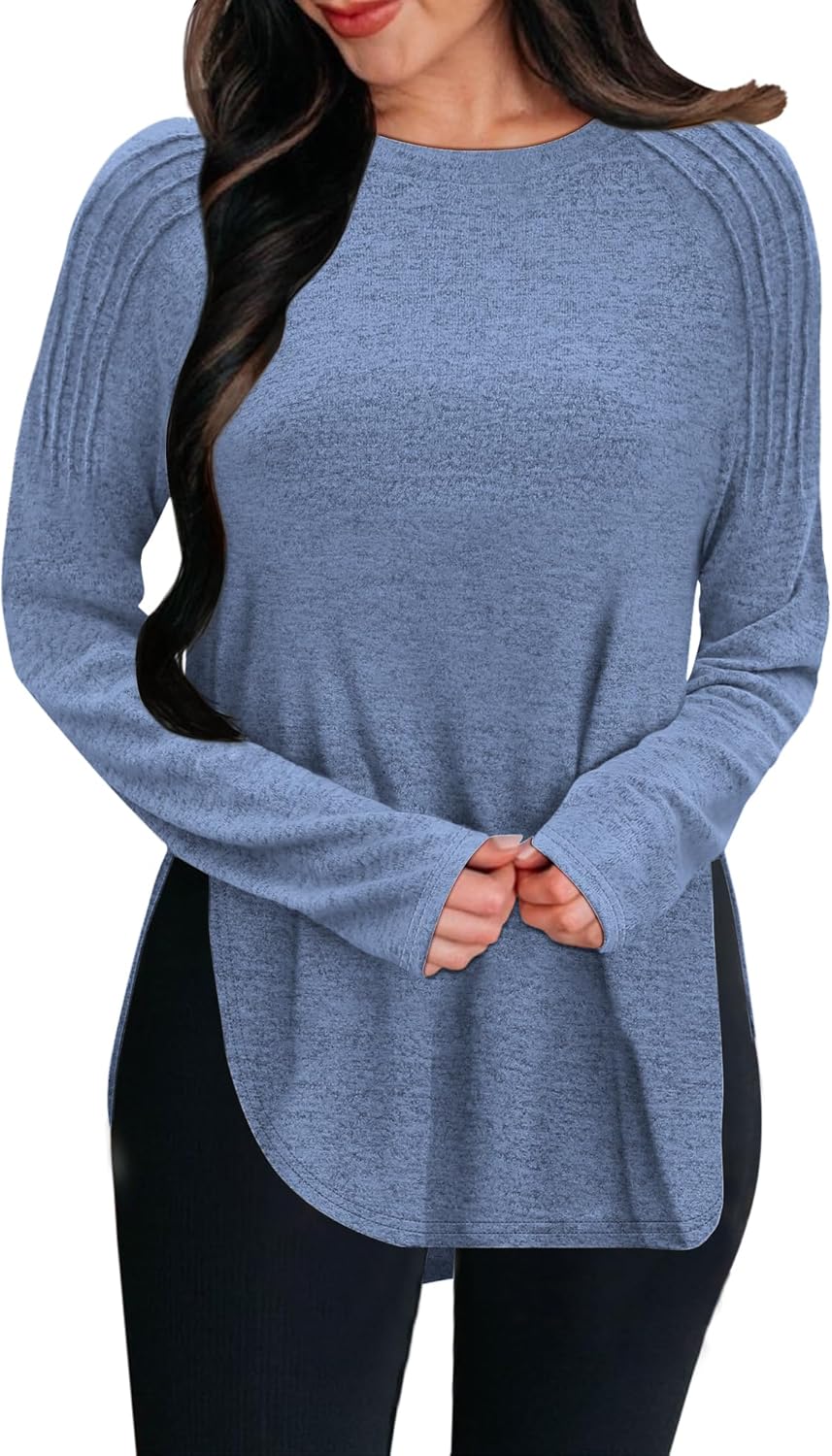 COCCKO Womens Long Sleeve T Shirts Fall Fashion 2025 Crew Neck Pleated Side Split Tunic Tops To Wear With Leggings