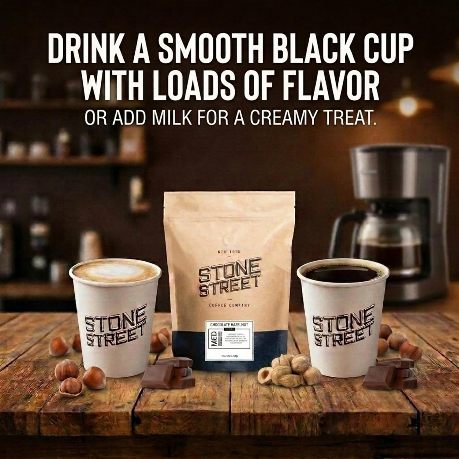 Stone Street Flavored Ground Coffee, Chocolate Hazelnut, Freshly Roasted, 100% Colombian Arabica, Gourmet Coffee, Medium Roast, Sweet Chocolately Nutty Flavor, 1 LB