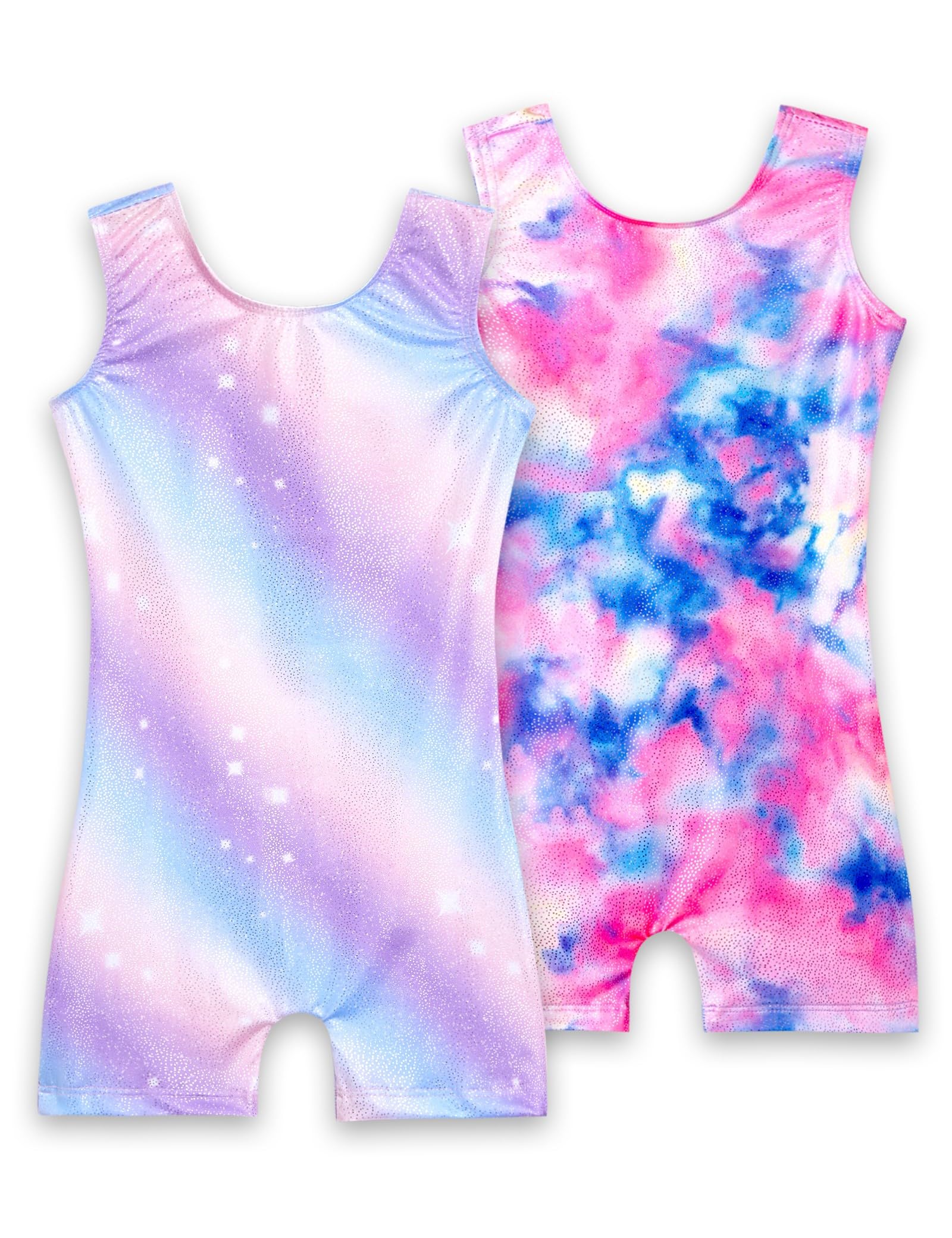 Nokecina 2 Pack Leotard for Girls Gymnastics Sparkly Tumbling Unitards with Shorts Sleeveless One Piece Biketards