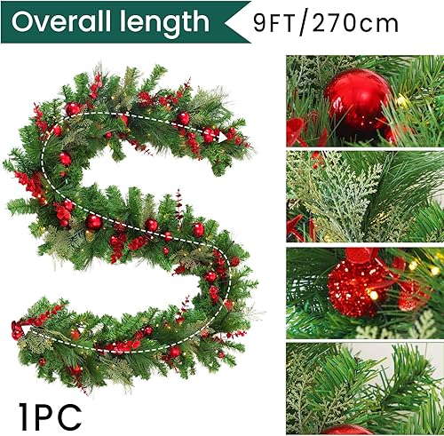 Miniatura 3 de Guirnalda de Navidad preiluminada de 9 pies con luces, guirnalda de Navidad para mesa, chimenea, escalera, manto de pared, decoración de interiores
