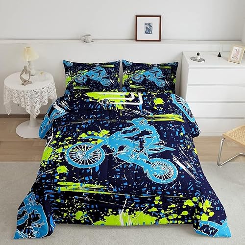 Feelyou Juego de edredón de motocross para niños, juego de ropa de cama de deportes extremos para niños y niñas, decoración de carreras de