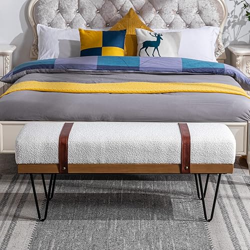 Miniatura 3 de DUOMAY Banco otomano rectangular moderno industrial con correa de poliuretano y patas de metal, mesa de comedor Sherpa de mediados de siglo,