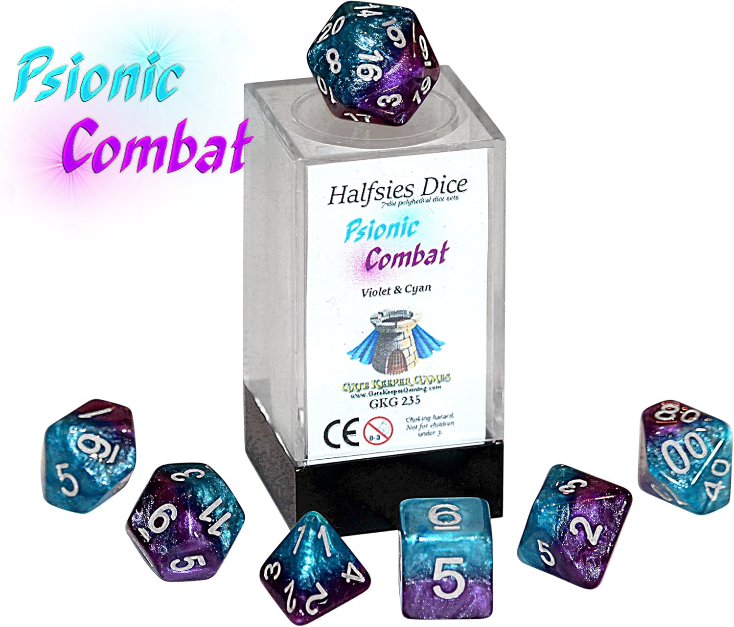 "Psionic Combat" Halfsies Dice - 7 die polyhedral rpg gaming dice set - Violet & Cyan