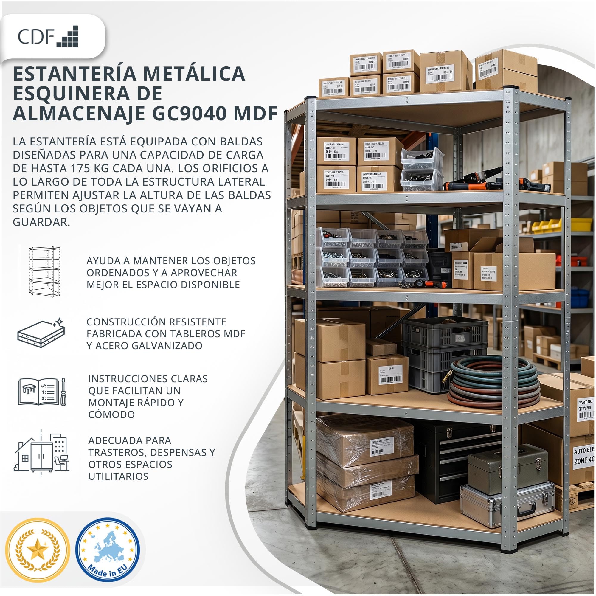 CDF estantería esquinera con 5 estantes, Paneles de MDF, Ahorra Espacio, Capacidad de Carga 875 kg, hasta 175 kg por Estante, estantería de Alta Resistencia, 180x90x40 cm