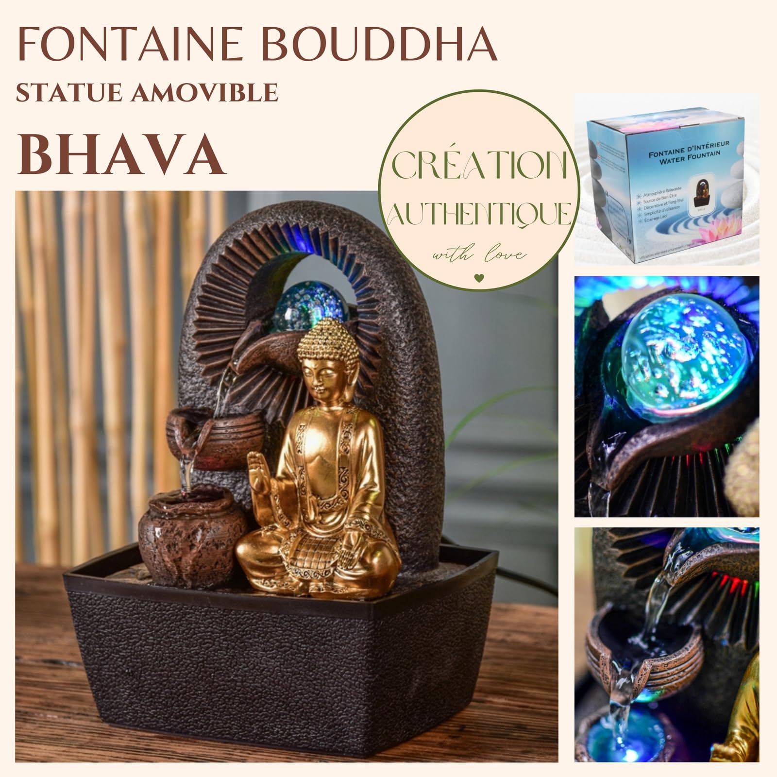 Fontana Buddha Bhava – Fontana interna Buddha rimovibile – Regali – Oggetto decorativo Zen Buddismo – Fontana da tavolo Luce LED – Circuito chiuso – Marrone e Dorato – H 26 cm – Zen'Light