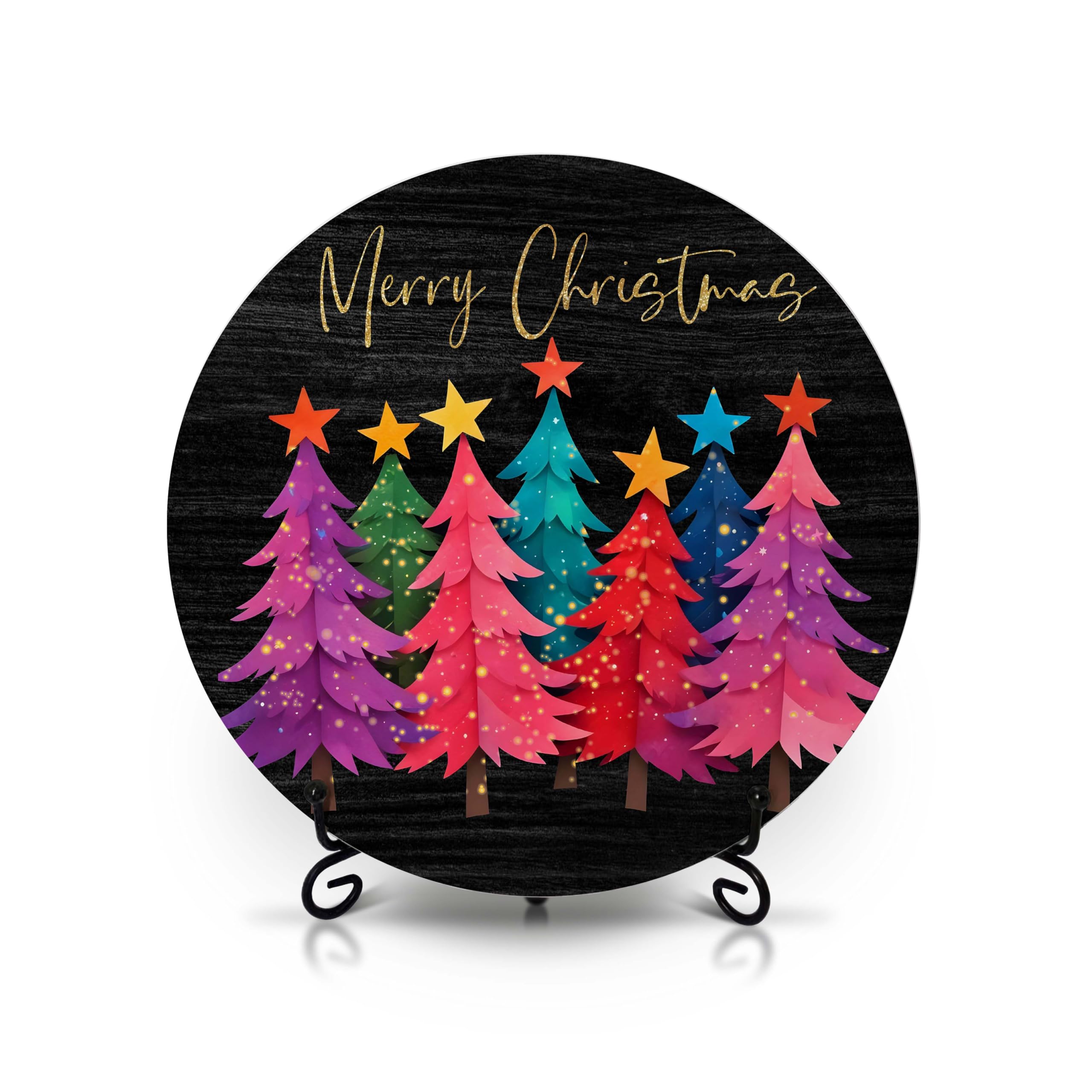 patcate Merry Christmas Decorations for Home Bedroom, Pink and Green Xmas Tree Sign, 8 Inch Round Wooden Decor with Iron Stand for Desk Table Shelf