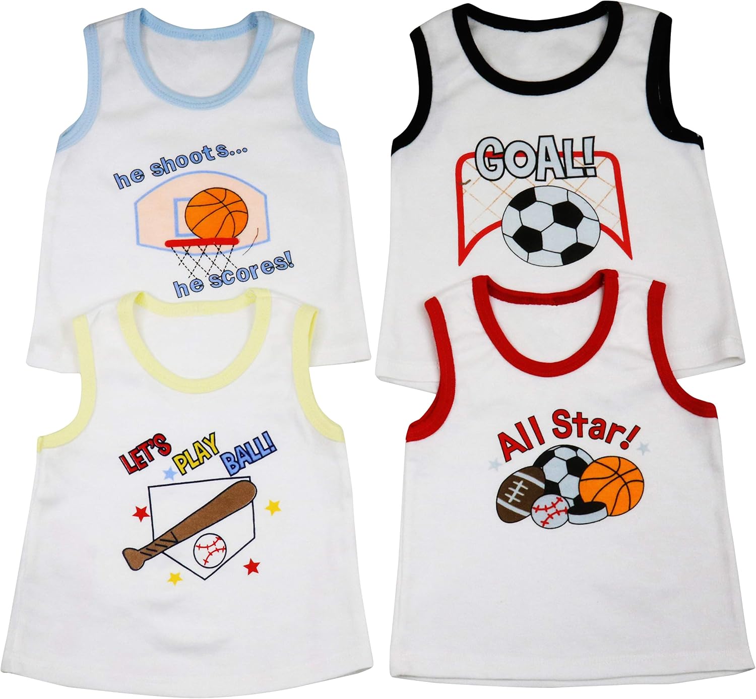 ToBeInStyle Boys' Pack of 4 100% Cotton Tank Tops - Play Ball! - Size 6