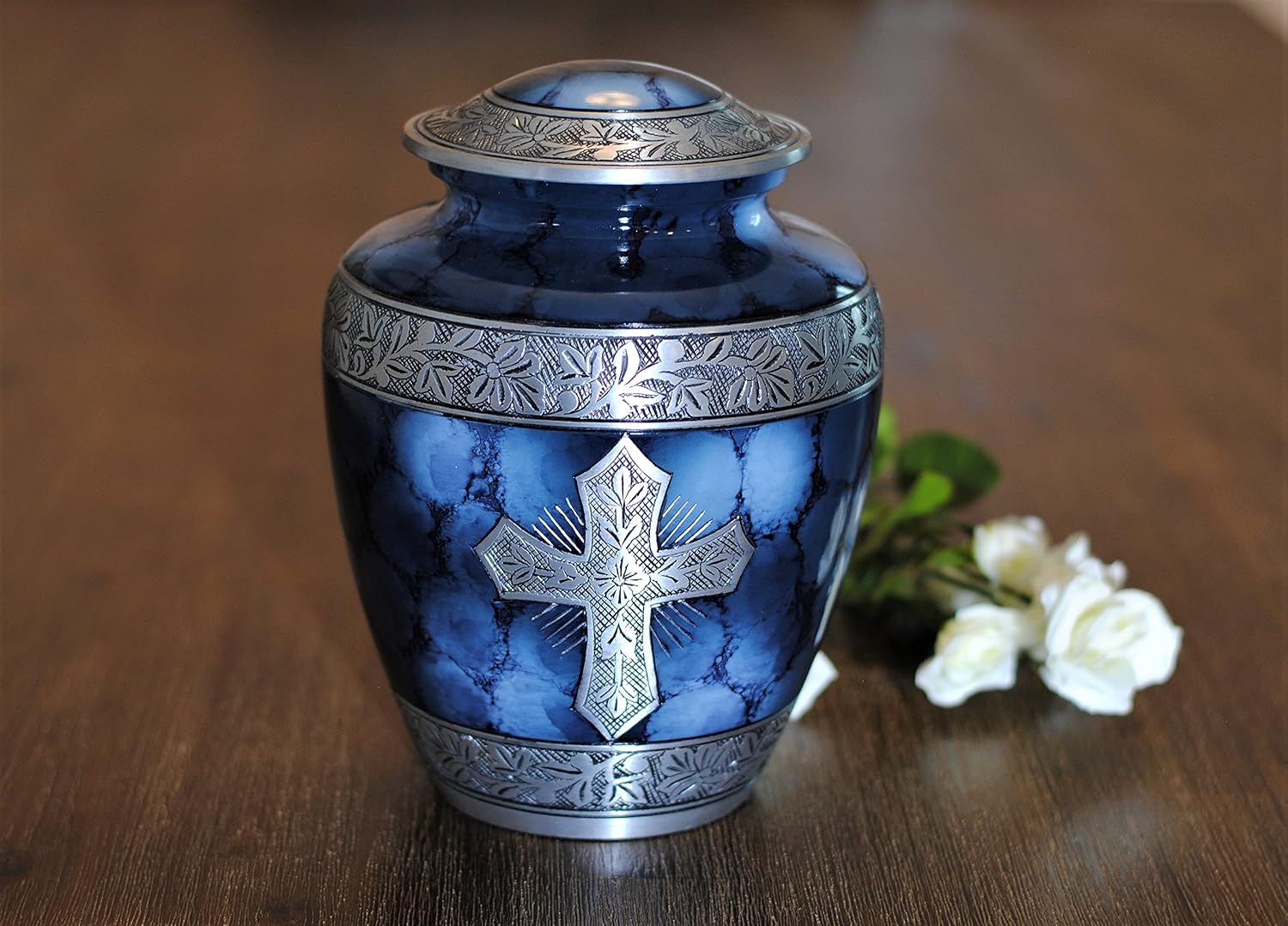 Today's A Gift The Relic Holy Cross Cremation Urn, Large Blue Memorial Urn for Human Ashes, Handcrafted Sapphire Funeral Urn with Engraved Cross, Adult Urn with Secure Lid & Velvet Bag (9 Inches)