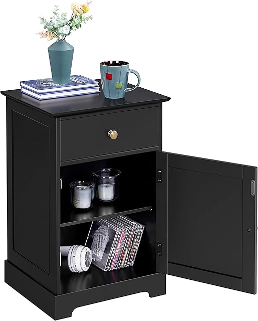 Yaheetech Black Bedside Table with Door & Drawer, Wooden Side Table End Table with Adjustable Shelf, Nightstand Storage Bedside Cabinet for Bedroom/Living Room/Guest Room, Home Furniture