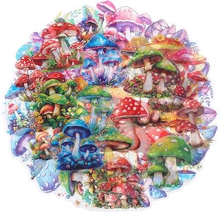 50 Pcs Colorful Mushroom Stickers, Clear PET Mushroom Aesthetic Sticker Cute Cartoon Waterproof Stickers for Laptop Water Bottle Skateboard Scrapbook Luggage Crafts Decorative