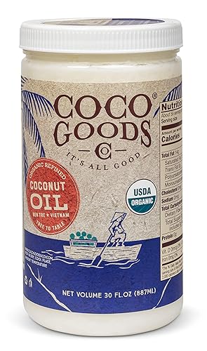 CocoGoodsCo Aceite de coco refinado orgánico de origen único de Vietnam (30 onzas líquidas), sin gluten, sin OMG, sin colesterol, ideal para cocinar