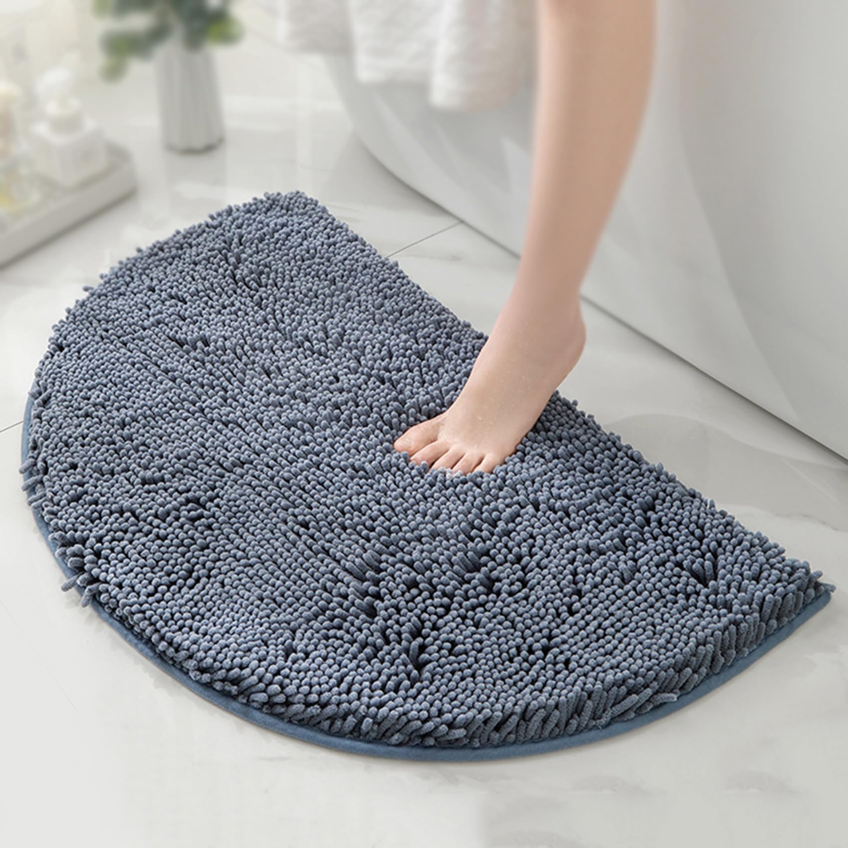 LUNAMY Half Round Absorbent Bath Shower Mat Non Slip Bath Rug Soft Fluffy Chenille Microfiber Bathroom Mat Semi Circle Carpet,B-40X60CM