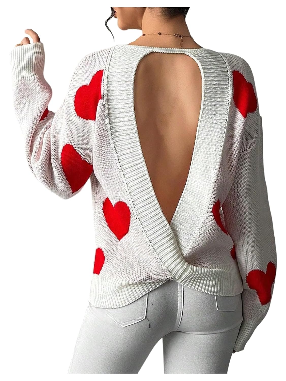 Floerns Womens Heart Open Back Fall Sweater Crewneck Trendy Knit Pullover Tops