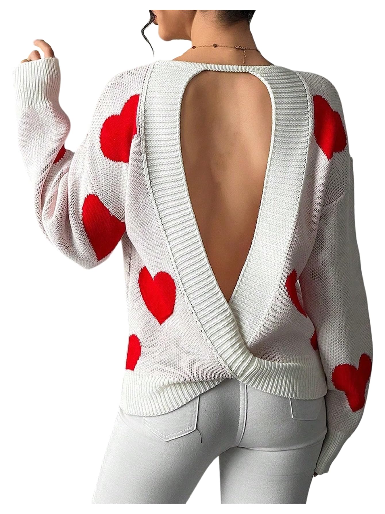 Floerns Womens Heart Open Back Fall Sweater Crewneck Trendy Knit Pullover Tops