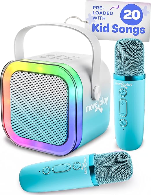 Move2Play, Mini Karaoke Machine for Kids | Includes 20+ Kid Songs | 2 Microphones | Connect with Bluetooth | 3, 4, 5+ Year Old Gift & Birthday Present | Girls, Boys, & Toddler