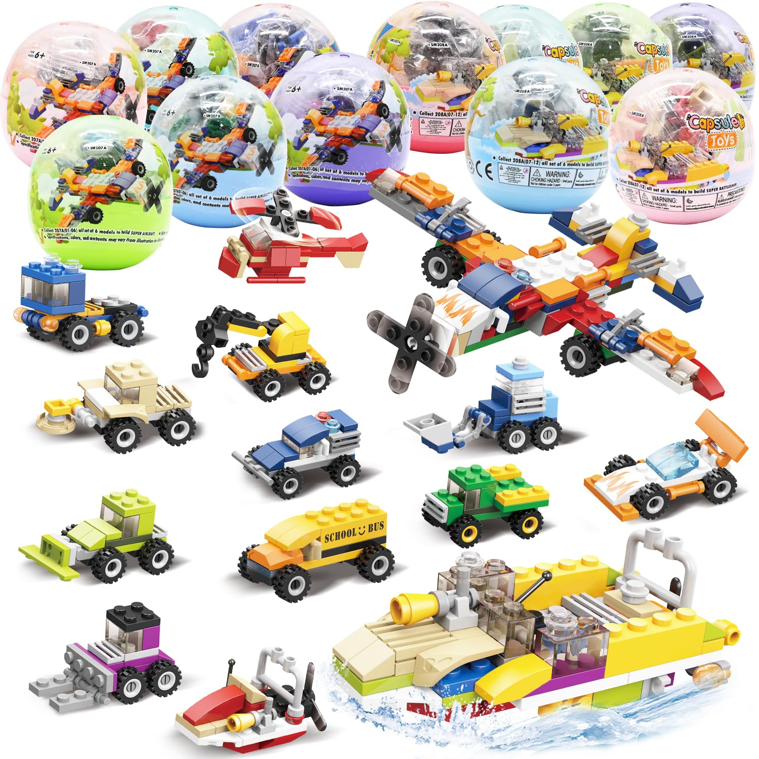 Photo 1 of 12Pcs Pre Filled Easter Eggs with Vehicles Building Blocks, Egg Surprise Toy for Easter Hunt, Easter Basket Stuffers