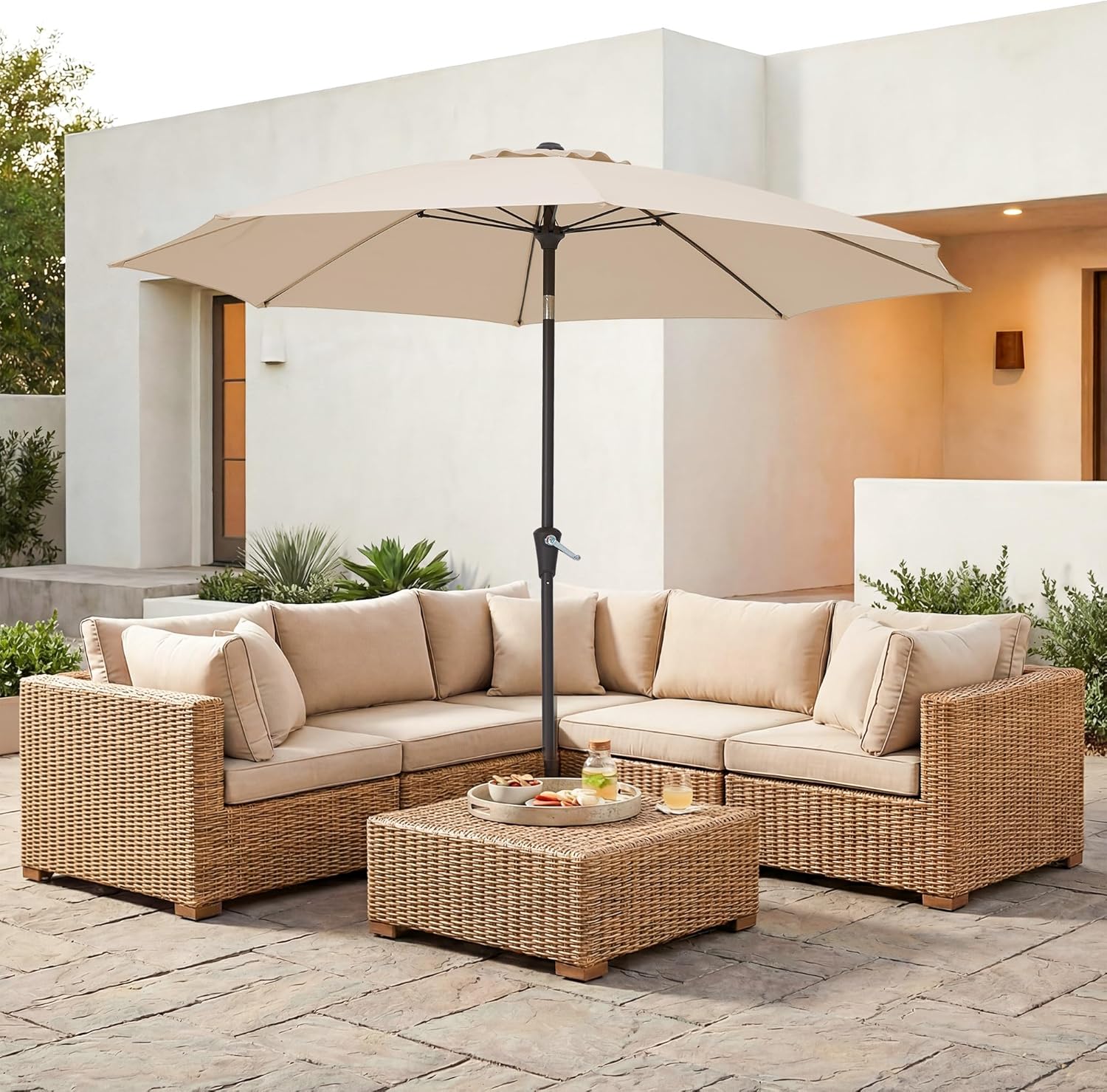 JEAREY 9FT Outdoor Patio Umbrella,Market Table Umbrella with 8 Fiberglass Ribs, Pool Umbrella with Tilt and Crank, UV Protection Lightweight & Wind-Resistant for Lawn, Garden, Deck and Backyard, Beige