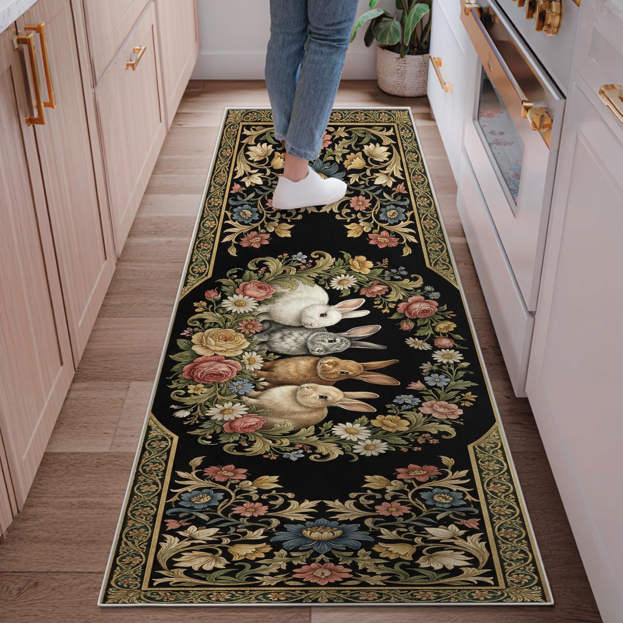 Tapis de passage vintage anti-glisse pour entrée et cuisine lavable motif floral noir
