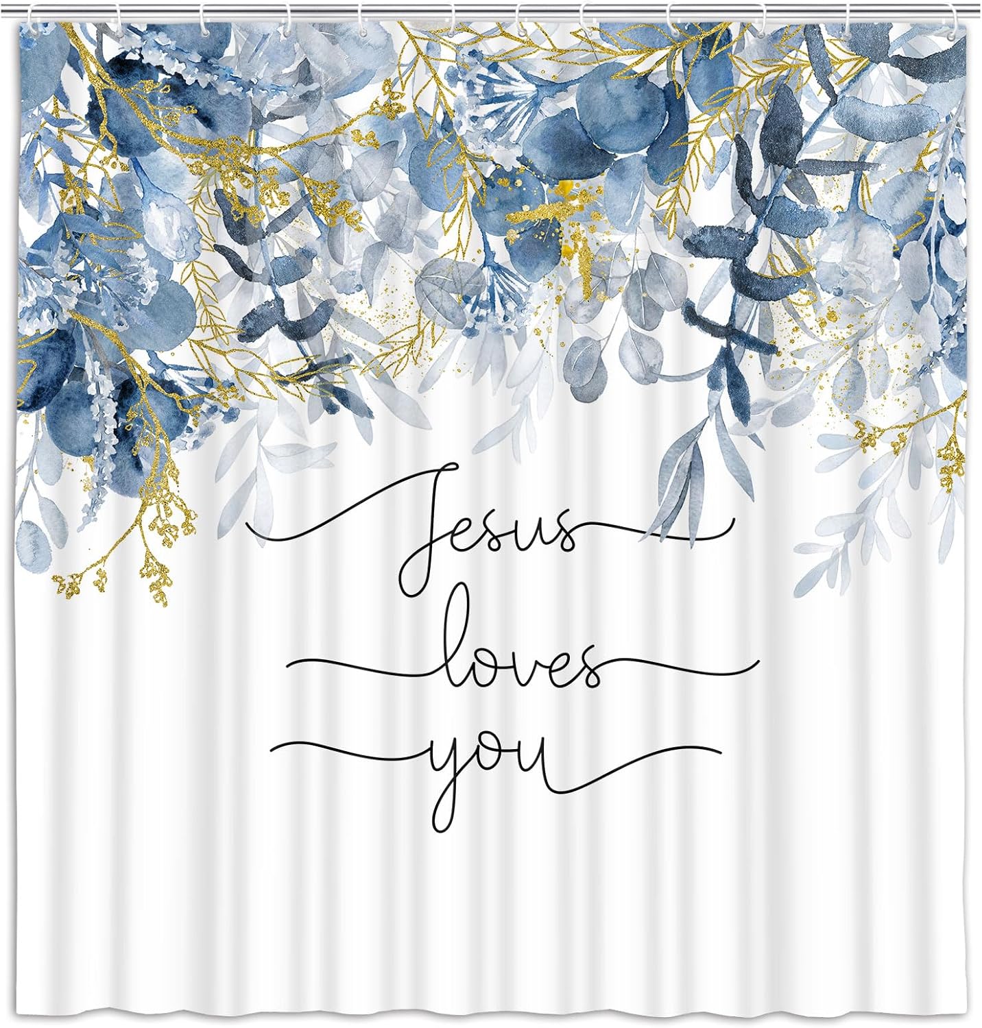 Wathon Bible Verse Botanical Shower Curtain Christian Scripture Jesus Loves You Quote Bath Curtain with Plant Leaves, Floral Inspirational Faith Bathroom Shower Curtain Set with Hooks 69X75IN Blue