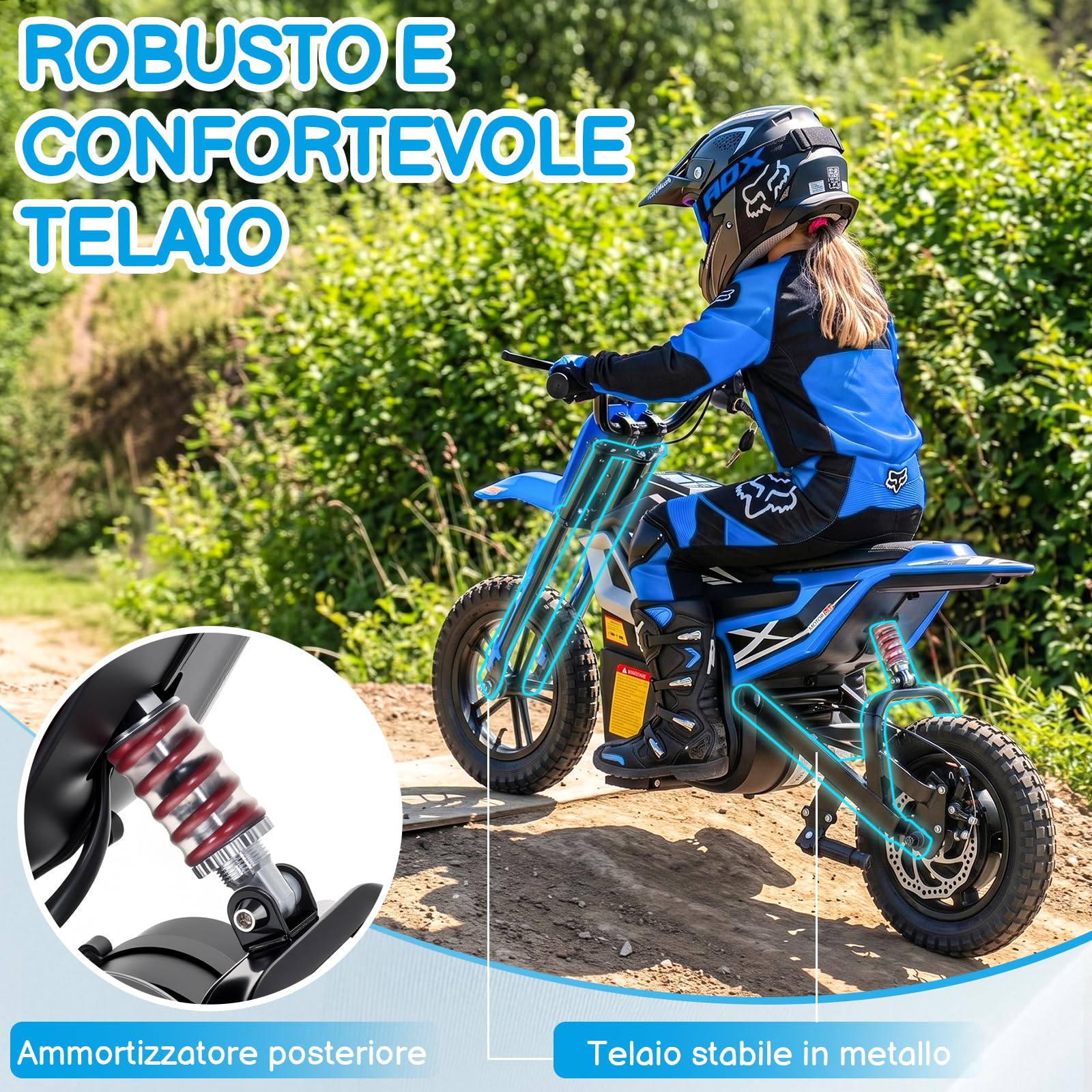 LALAHO Moto elettrica per bambini 24V 7Ah con Motore Senza Spazzole 250W, Max 22,5 km/h, Autonomia 19 KM, Pneumatico gonfiabile da 12 pollici (Blu)