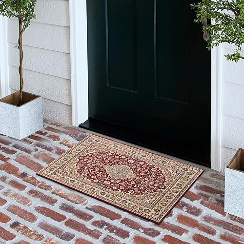 Miniatura 7 de Tapete retro para puerta, 17 x 30 pulgadas, color rojo oscuro, tapete decorativo para el hogar, parte trasera de goma antideslizante y fuerte