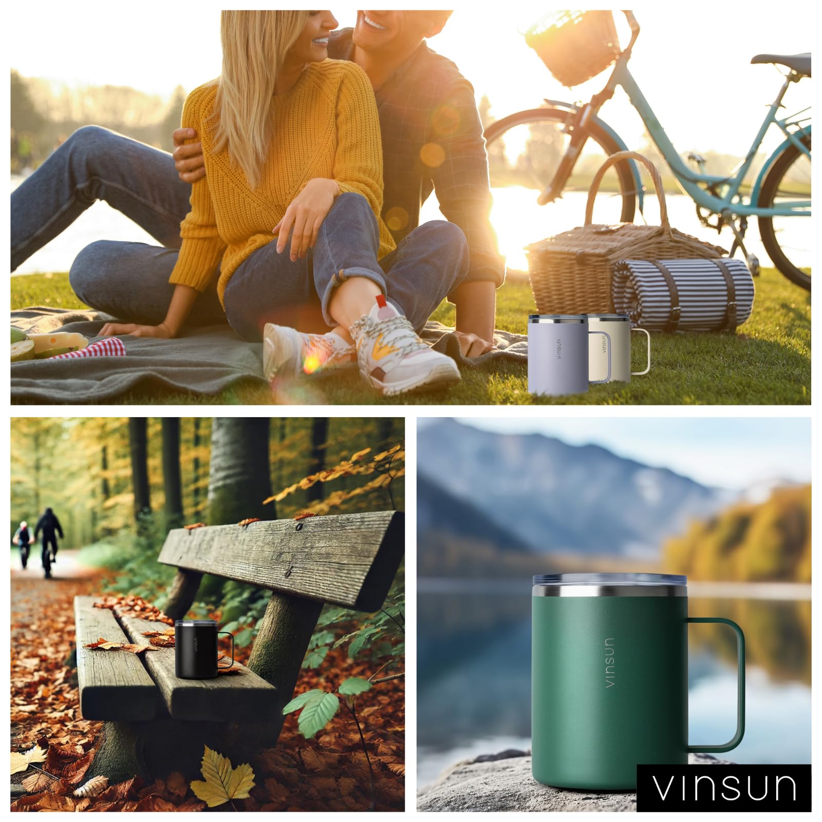 VINSUN Tazza Termica con Manico 350ml - Acciaio Inox, Coperchio Trasparente con Apertura per Bere, Senza BPA - Tazza da Viaggio Caffè per Ufficio, Scuola, Campeggio, Auto