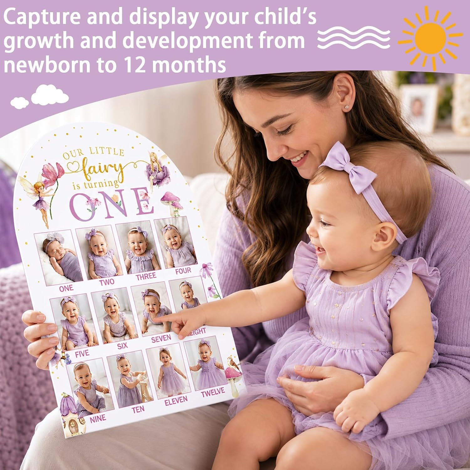Our Little Fairy is Turning One Photo Board Fairy 1st Birthday Party Decoration Wooden Board 12 Month Milestone Picture Frame Purple 1st Birthday Photo Banner for Baby Girl Keepsake (Fit 2x2.8in Pic)