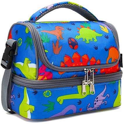 FlowFly Double Decker Cooler Insulated Lunch Bag Kids Lunch Box Large Tote for Boys,Girls,Men,Women, With Adjustable Strap,Dinosaur