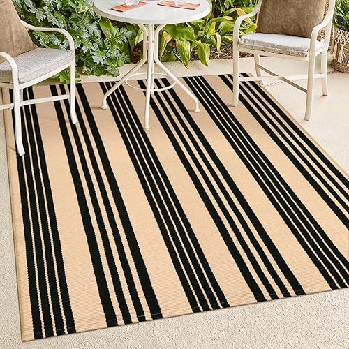 Vista 89 de Alfombra de exterior a rayas blancas y negras, 3 x 5 pies, de algodón, moderna, tejida a mano, reversible, alfombra de patio lavable en capas para 1