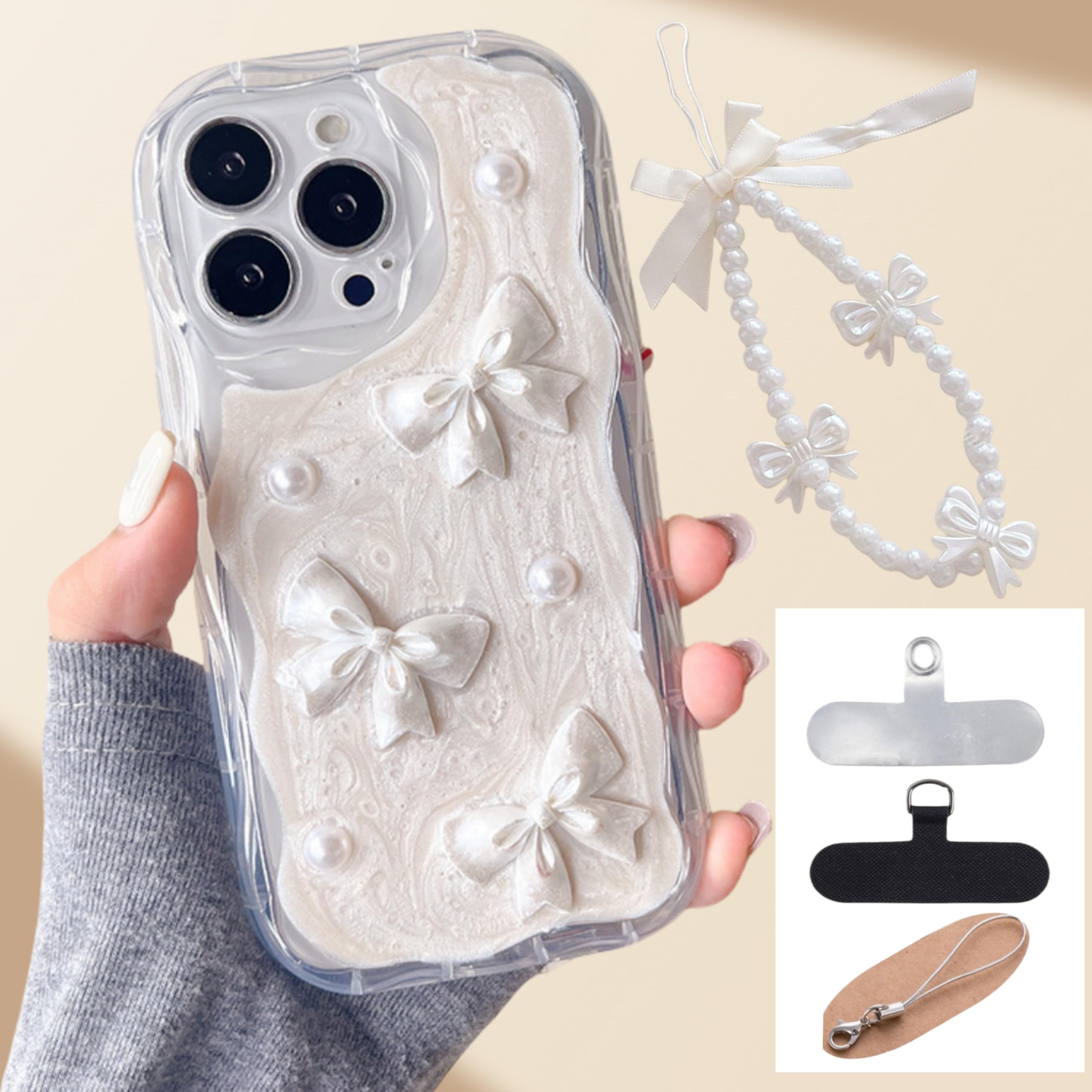 Amazon.co.jp: スマホケース iphone16promax対応ケース リボン・パール