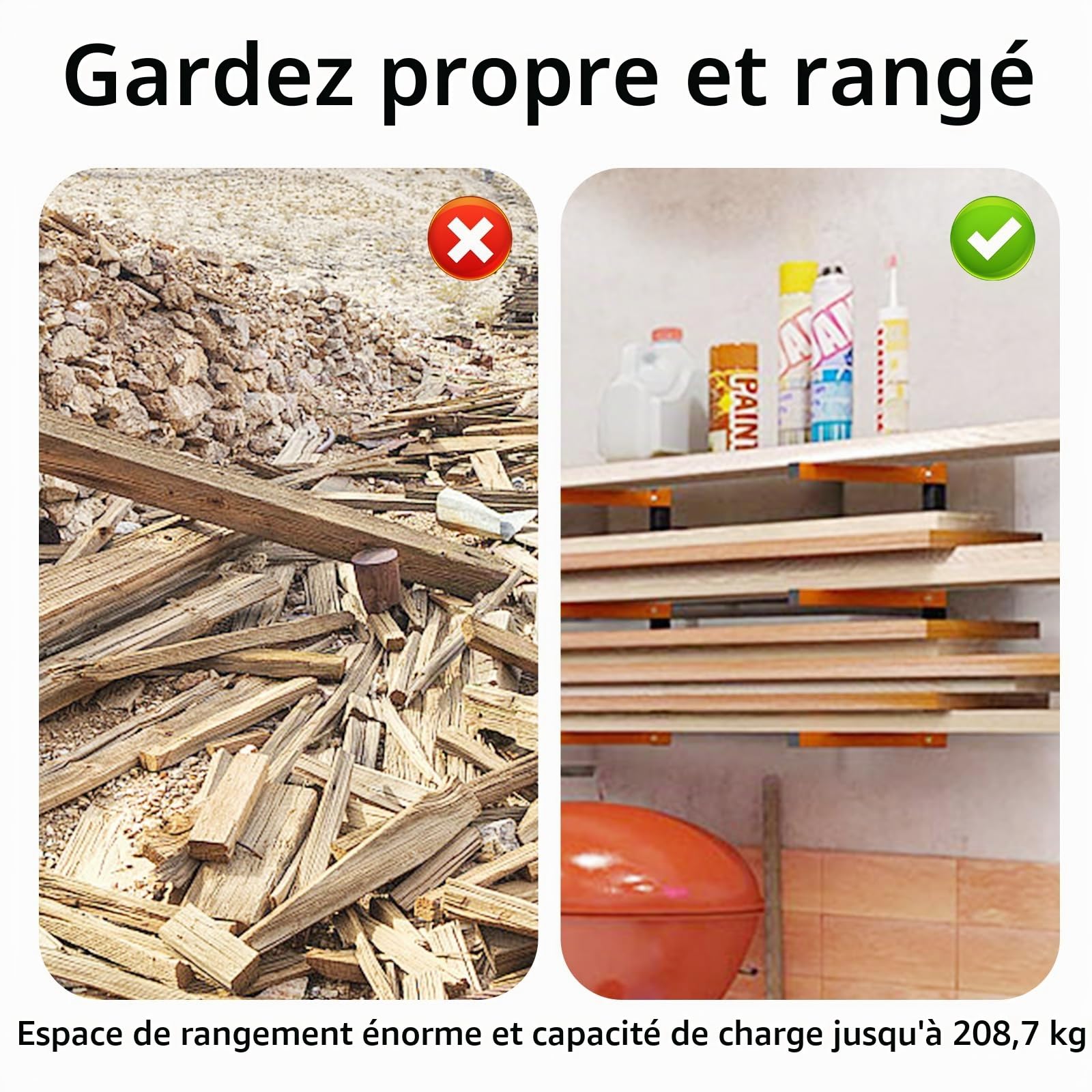Organisateur mural en bois, étagère en métal à 3 niveaux pour usage intérieur et extérieur, rangement en bois qui économise de l'espace