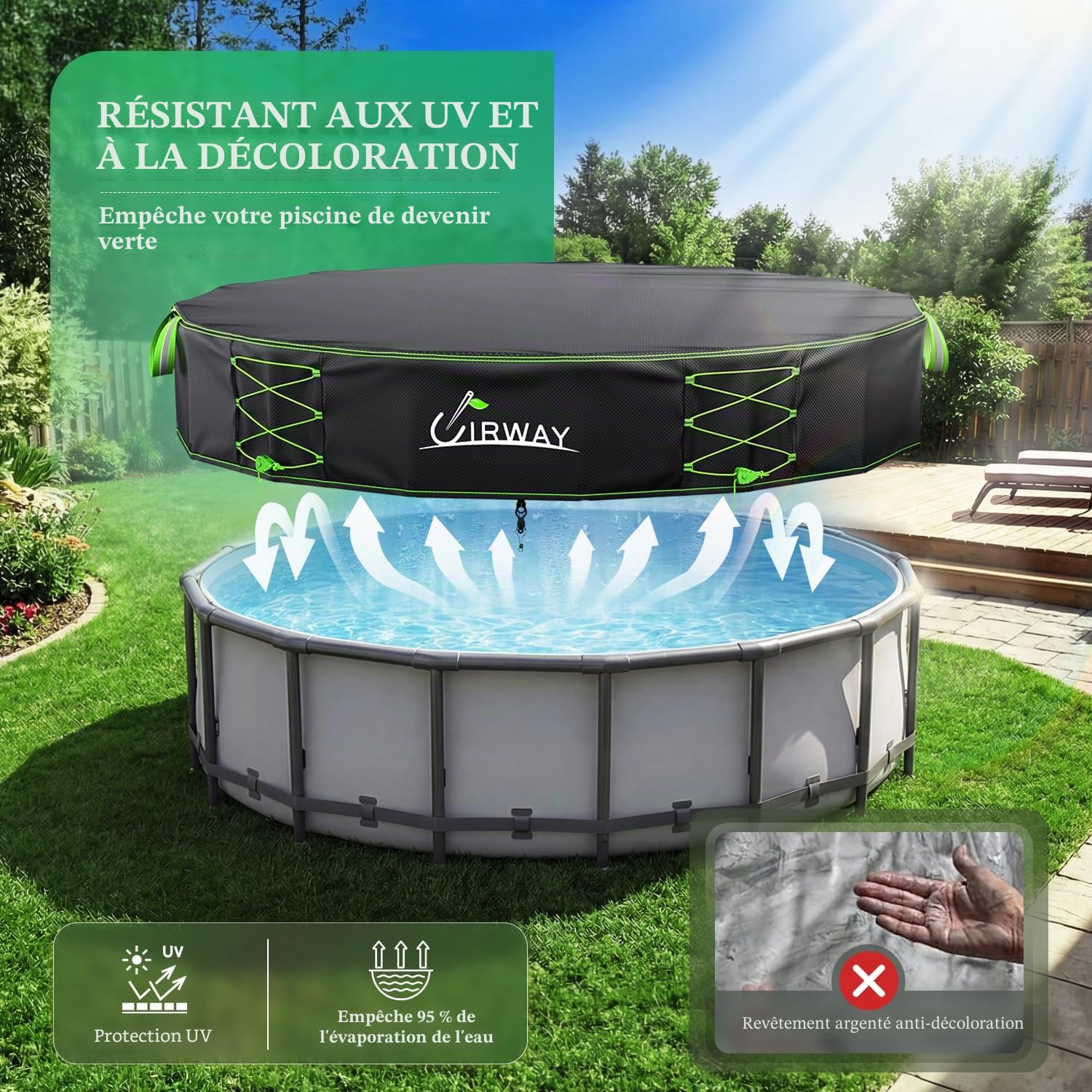 Uirway Bâche de piscine ronde 600D de 3,7 m améliorée pour piscine hors sol, bâche solaire avec cordon de serrage réfléchissant coupe-vent à lacets, protection UV, avec sangles antidérapantes
